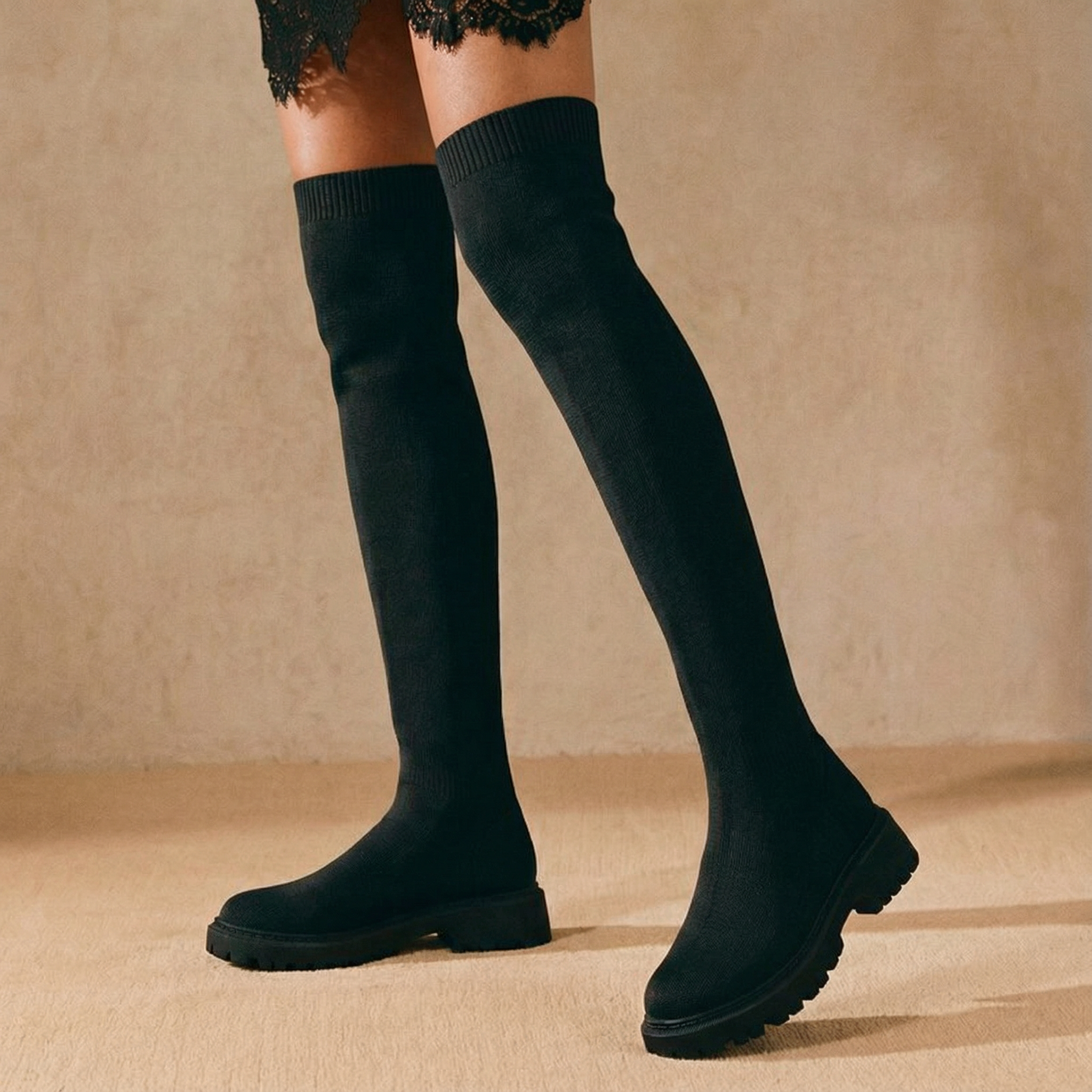 Round-Toe Wool Knit Knee-High Boots
