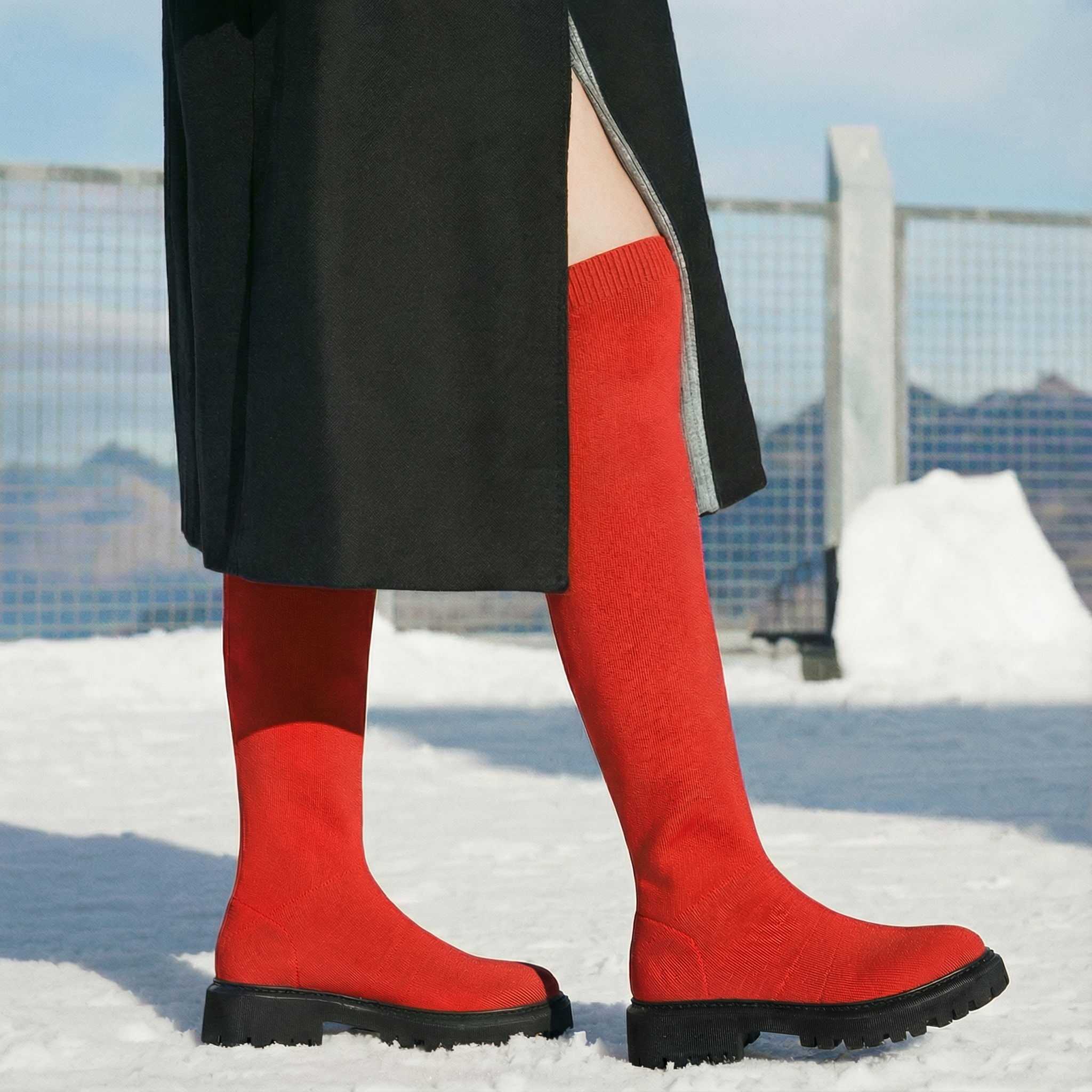 Round-Toe Wool Knit Knee-High Boots
