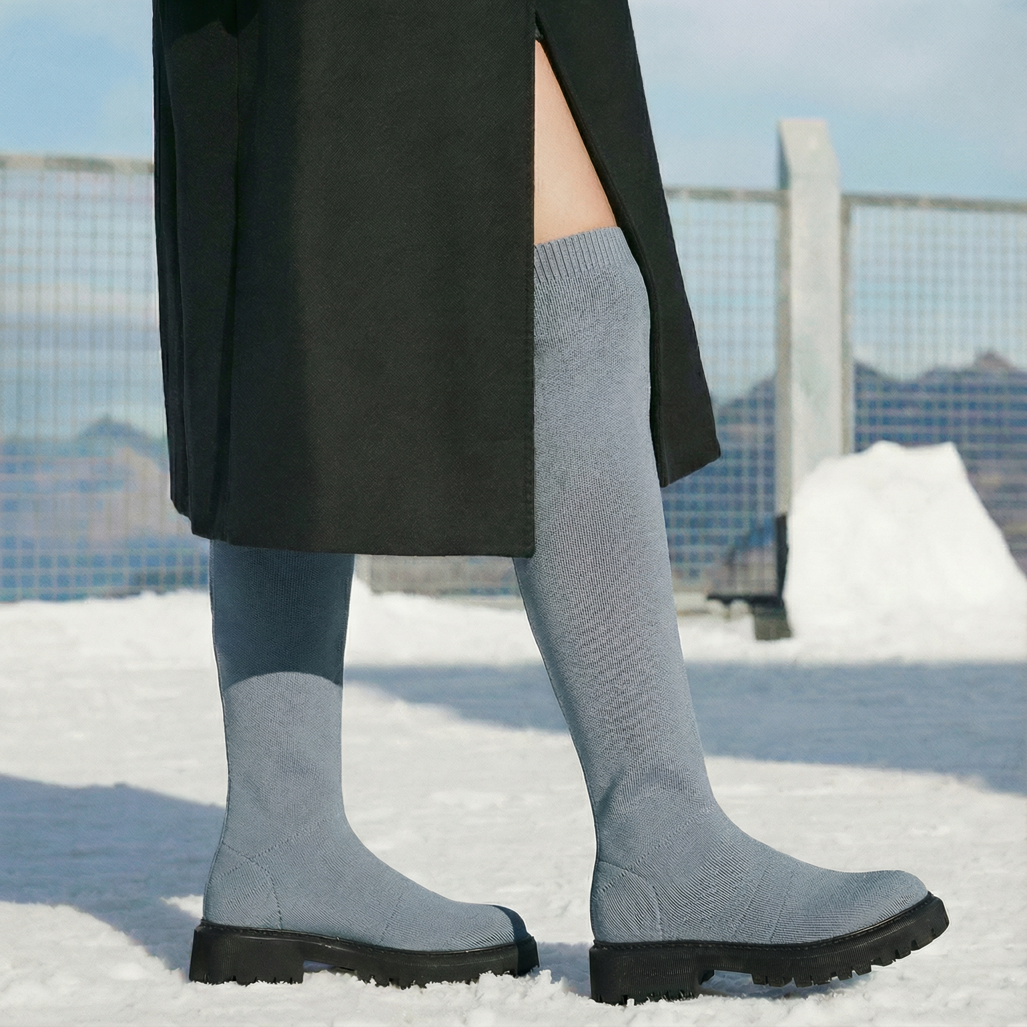 Round-Toe Wool Knit Knee-High Boots