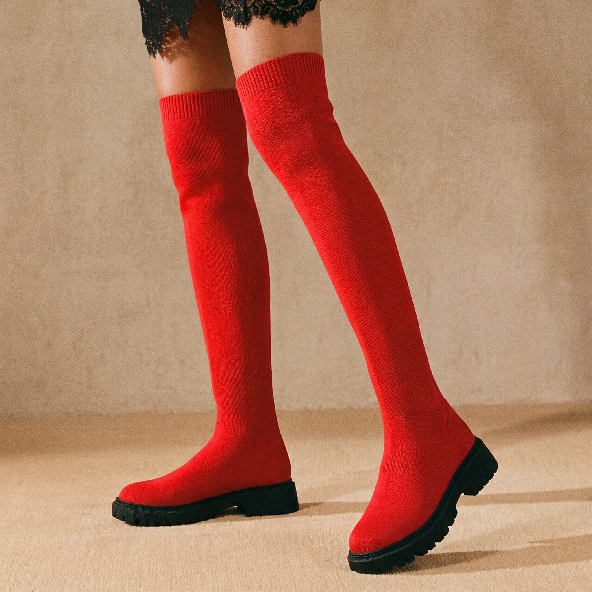 Round-Toe Wool Knit Knee-High Boots