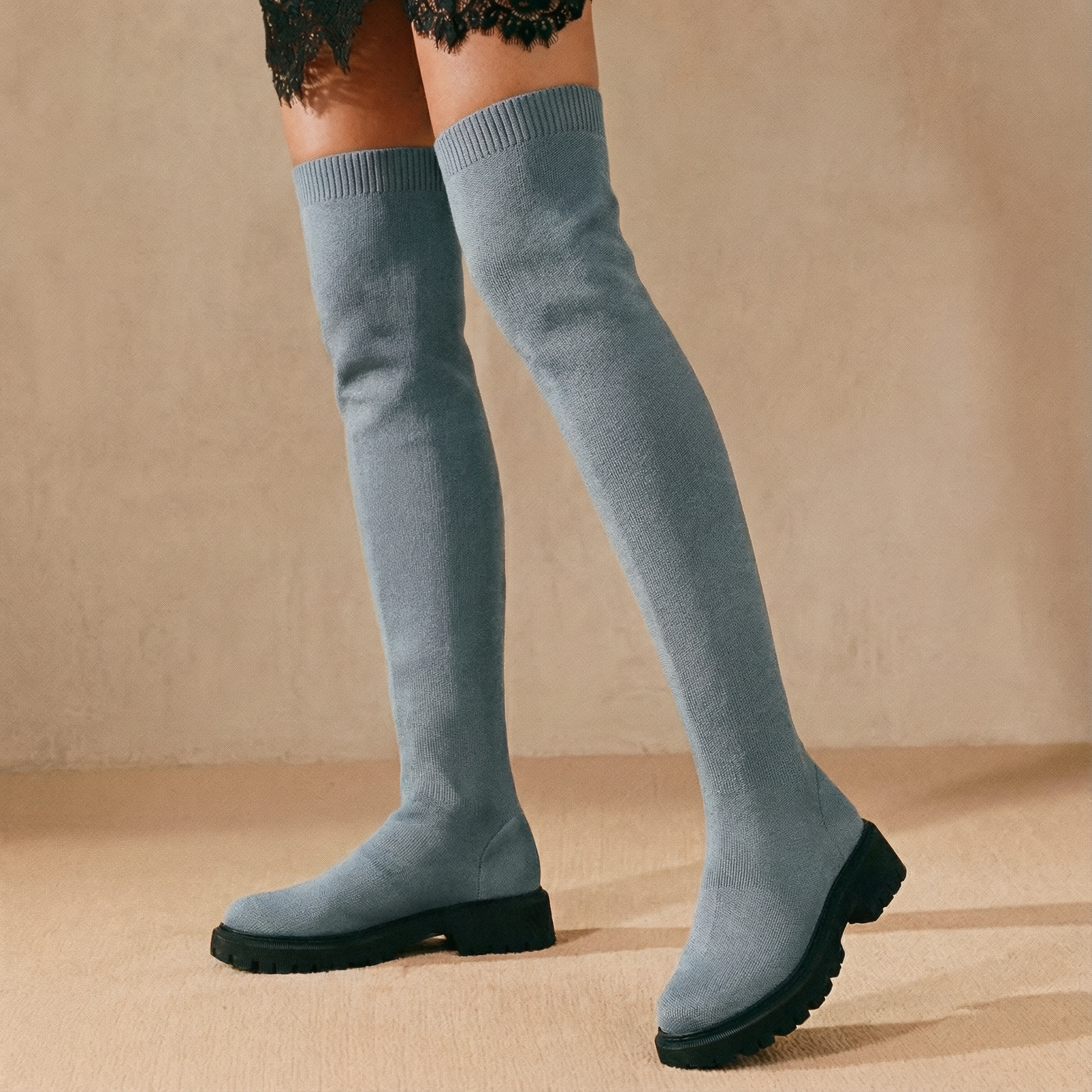 Round-Toe Wool Knit Knee-High Boots