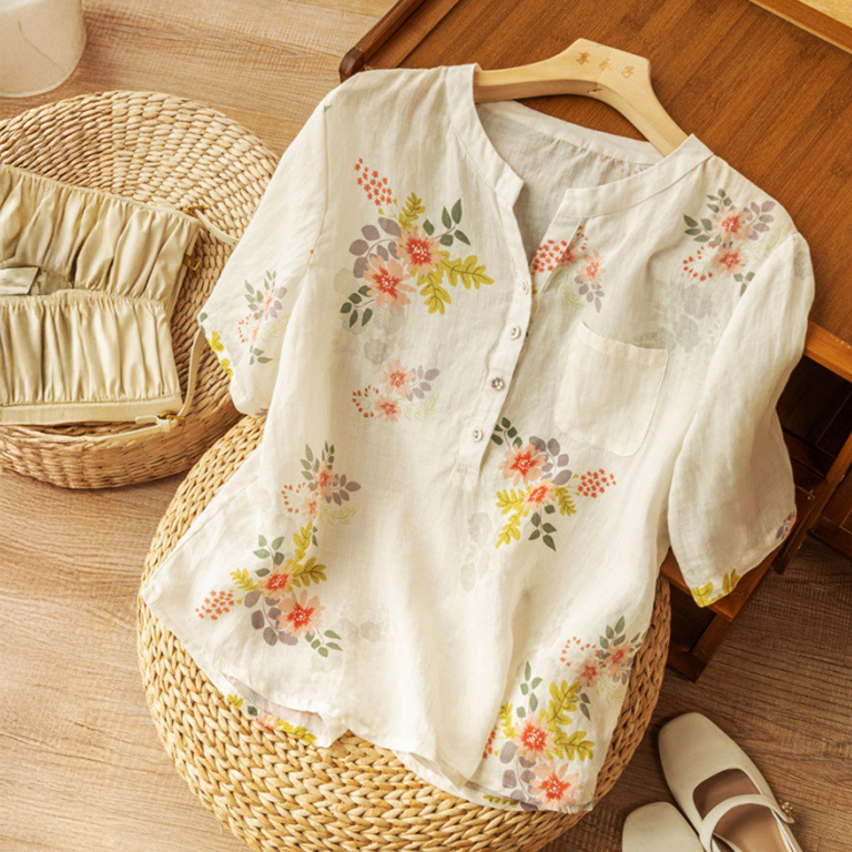 Floral Cotton-Linen Blouse