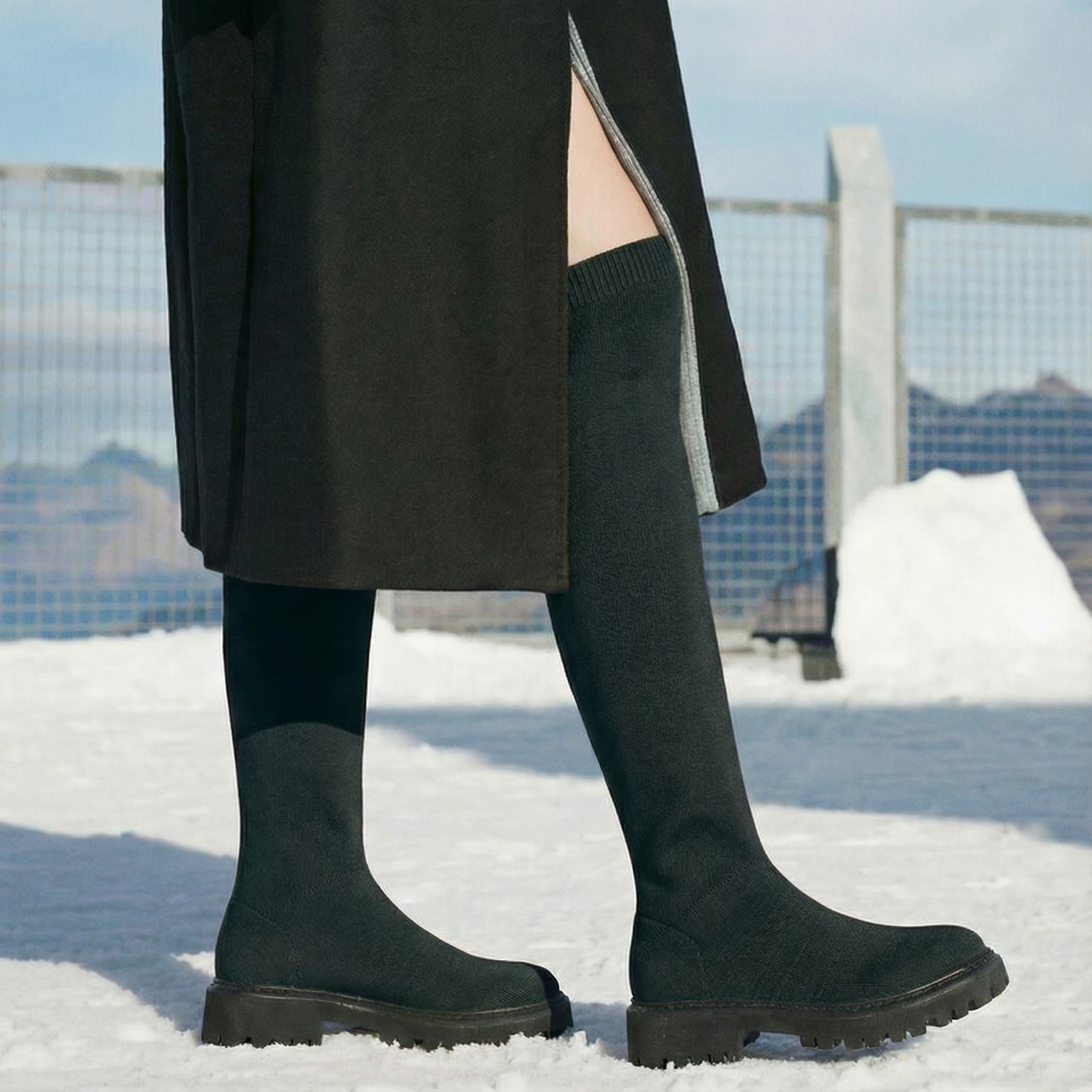Round-Toe Wool Knit Knee-High Boots