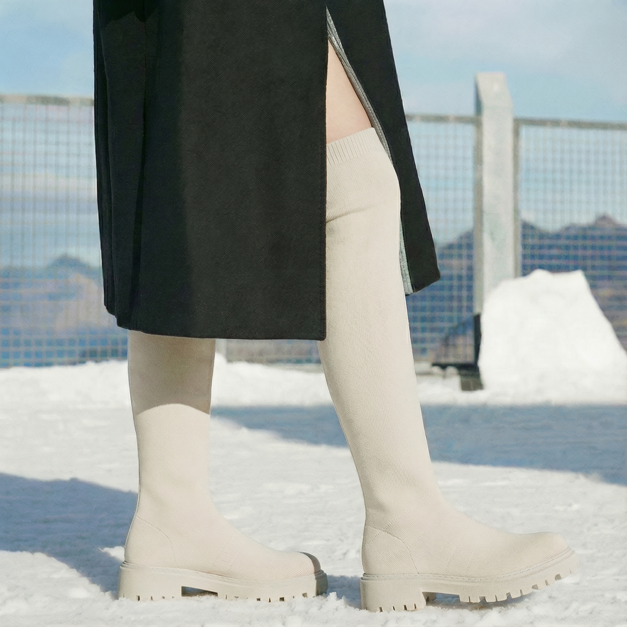 Round-Toe Wool Knit Knee-High Boots