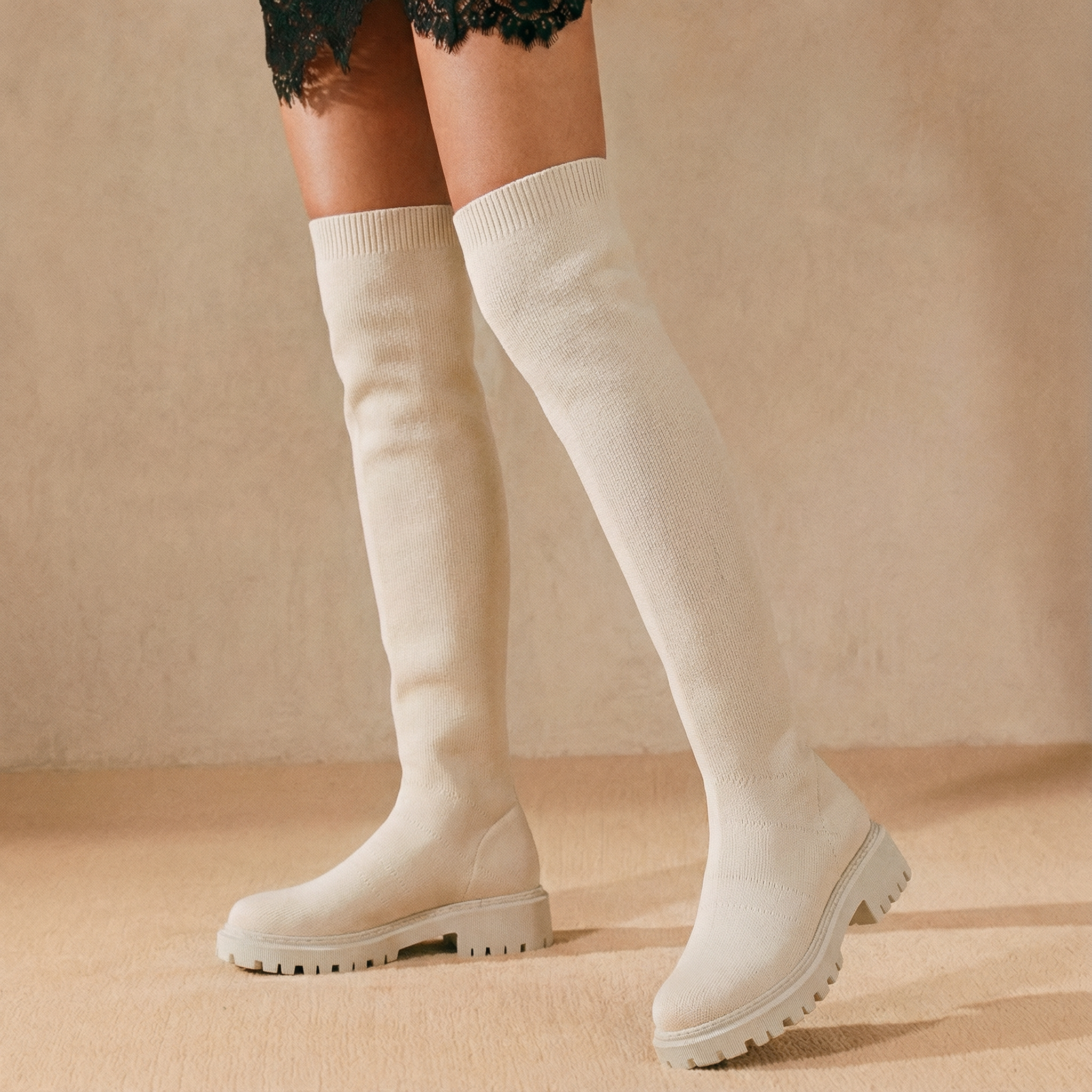 Round-Toe Wool Knit Knee-High Boots